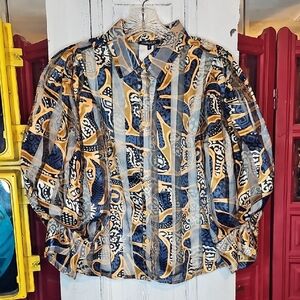 NWT CQ by CQ Womens 3/4 Puff Sleeve Blue Gold B&W Abstract Sheer Blouse Size L